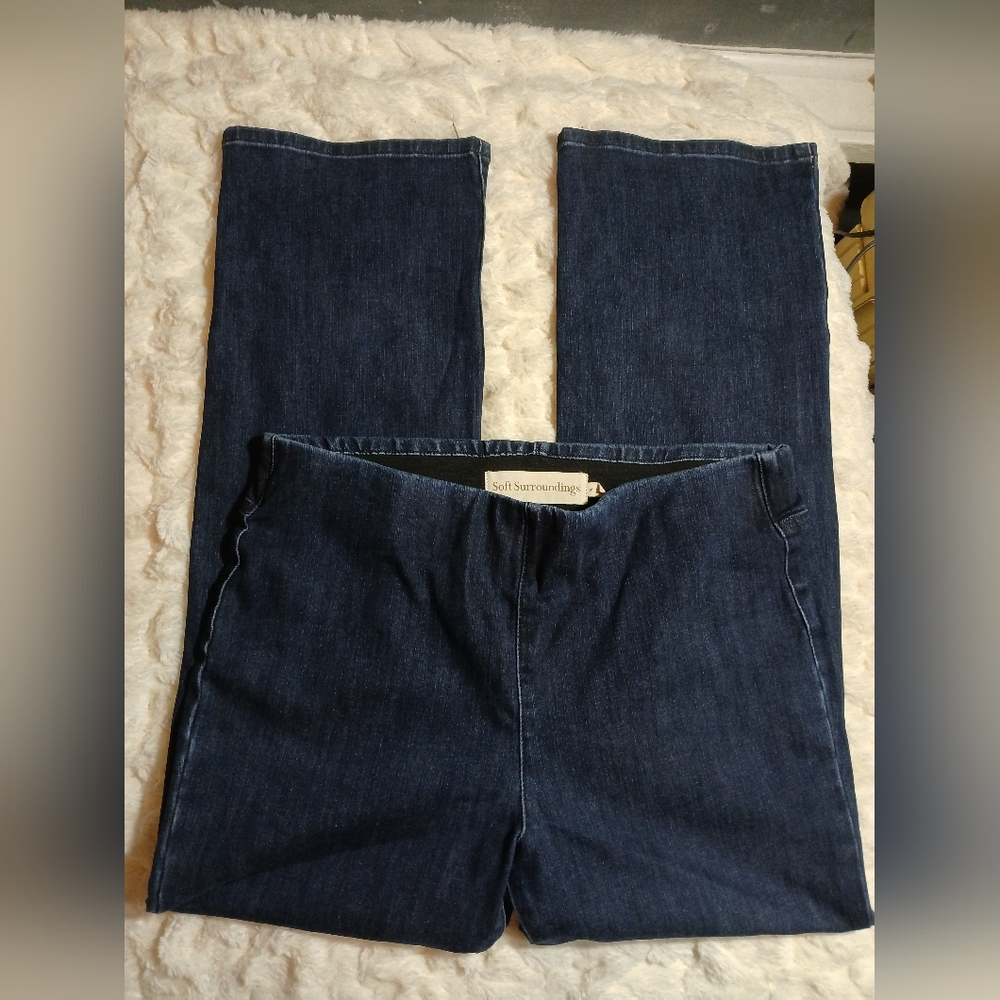 Soft Surroundings Denim Bootcut Pull On Jeans Dark Wash Size Petite L Stretch